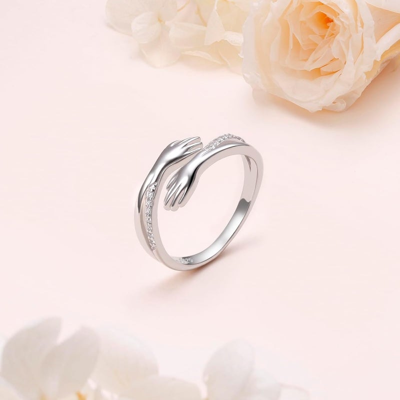 Yearace Hug Ring, S925 Sterling Silver Hug Rings for Women Girl, Hugging Hand Open Promise Ring, Mothers Day Valentine's Day Birthday Gifts - Image 2